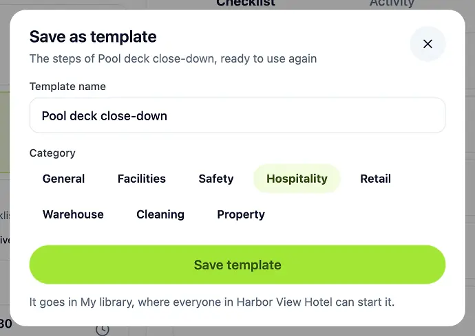 The Save as template dialog for Pool deck close-down, with the Hospitality category selected